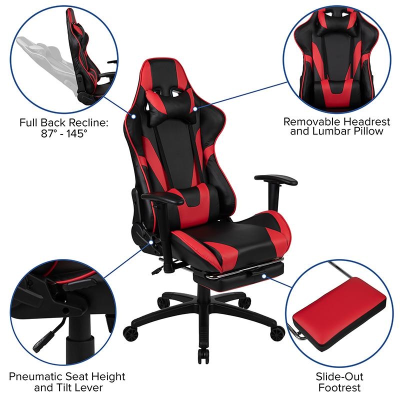 Black Gaming Desk And Red/Black Footrest Reclining Gaming Chair Set With Cup Holder, Headphone Hook, & Monitor/Smartphone Stand