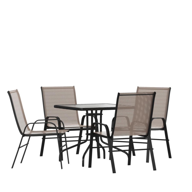 5 Piece Set - 31.5" Tempered Glass Patio Table, 4 Brown Stack Chairs