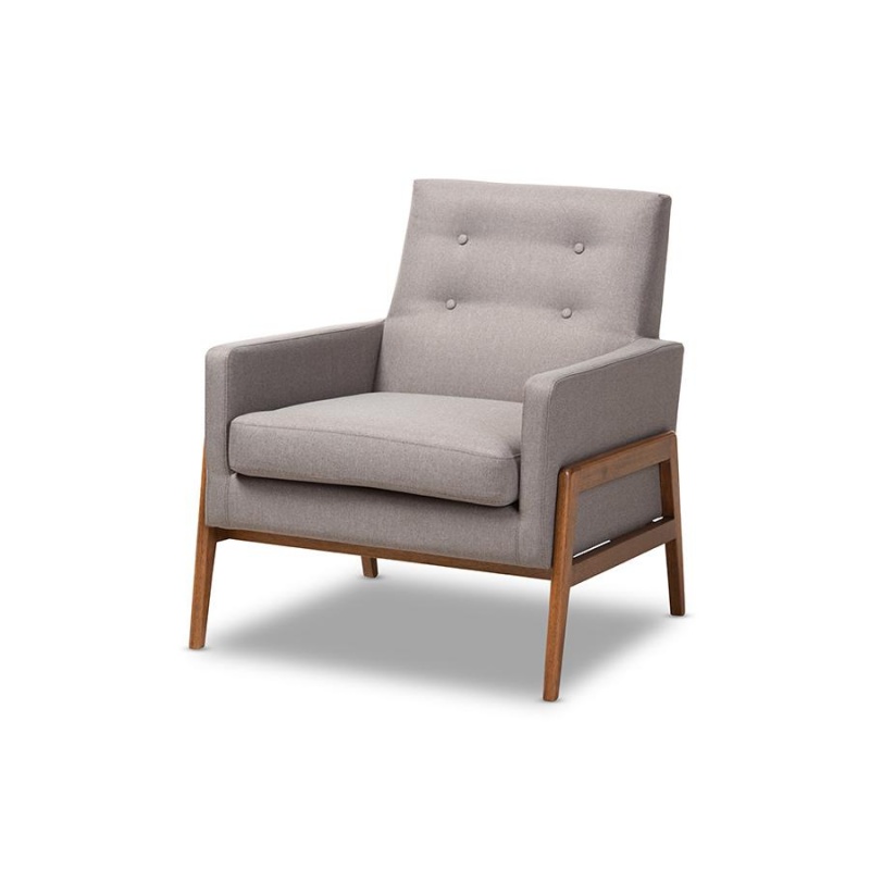 Perris Mid-Century Modern Grey Fabric Upholstered Walnut Wood Lounge Chair