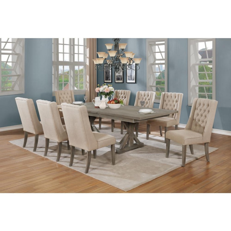Classic Extension Dining 9 Piece Set W/18"Center Leaf, 8 Tufted Chairs In Beige Linen