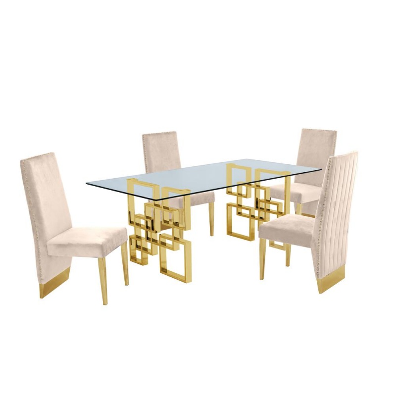 Classic 7 Piece Dining Set With Glass Table Top And Stainless Steel Legs W/Pleated Chairs, Beige