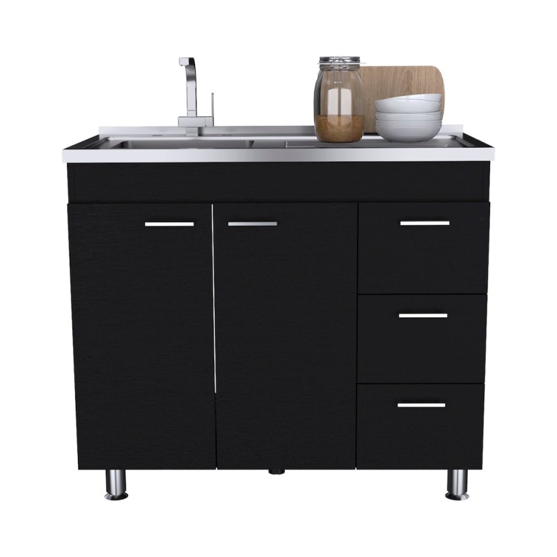 Base Double Door Cabinet, Three Drawers, Black