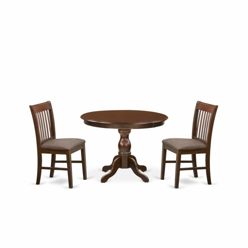 East West Furniture Hbnf3-Mah-C 3 Piece Kitchen Dining Table Set - Mahogany Small Dining Table And 2 Mahogany Linen Fabric Dining Chairs With Slatted Back - Mahogany Finish
