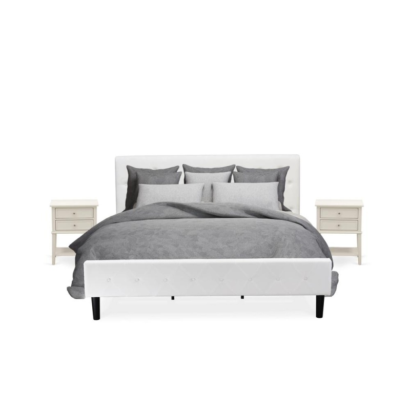 Nl19k-2Vl0c 3 Pc Bed Set - 1 Bed White Velvet Fabric Headboard And 2 Nightstands - Wire Brushed Butter Cream Finish Nightstand