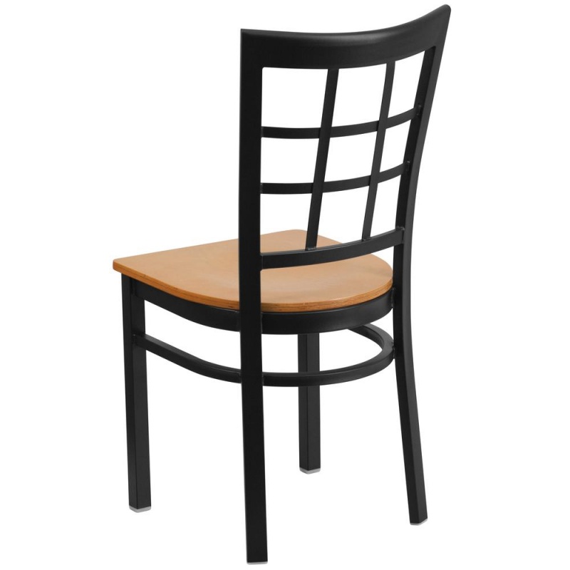 Hercules Series Black Window Back Metal Restaurant Chair - Natural Wood Seat