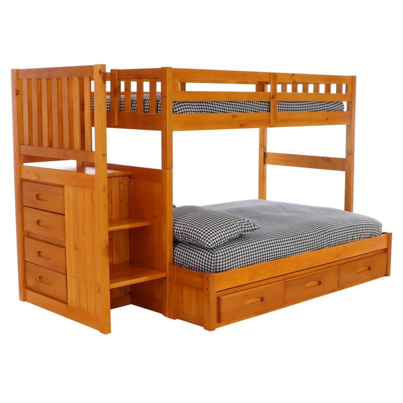 Os Home And Office Furniture Model Solid Pine Mission Staircase Twin Over Full Bunk Bed With Seven Drawers In Warm Honey