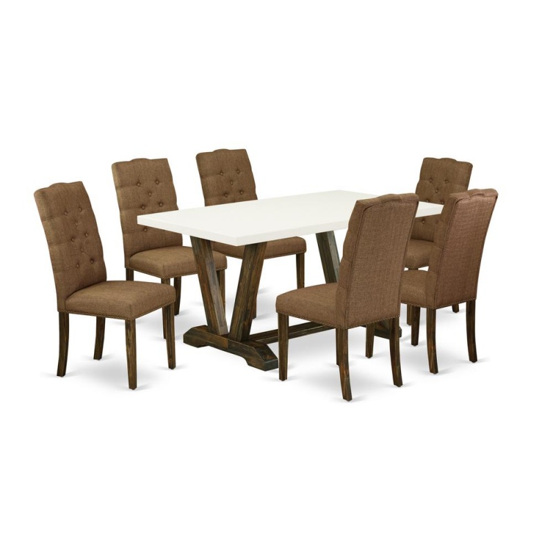 East West Furniture V726el718-7 - 7-Piece Small Dining Table Set - 6 Dining Room Chairs And A Rectangular Dining Table Solid Wood Frame
