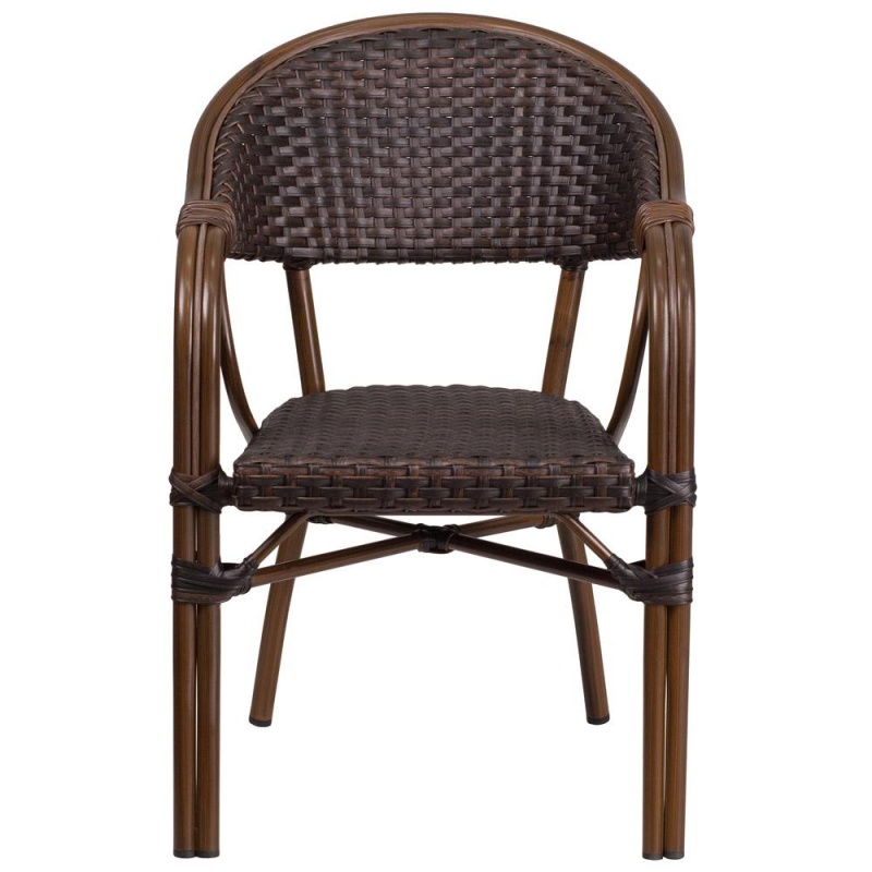 Milano Series Dark Brown Rattan Restaurant Patio Chair With Red Bamboo-Aluminum Frame