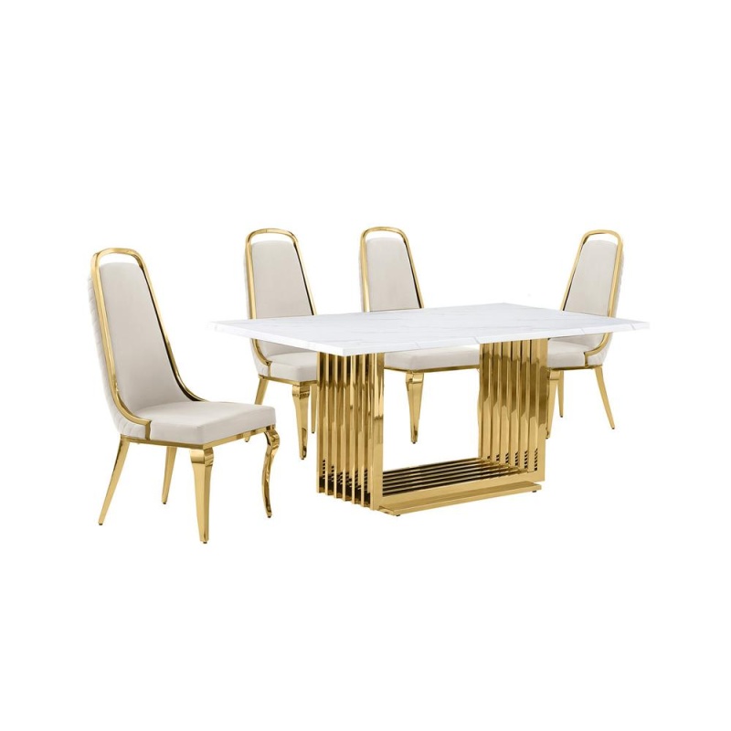 5pc Small (68") Marble Top Dining Set with Gold Base and 4 Cream Side Chairs