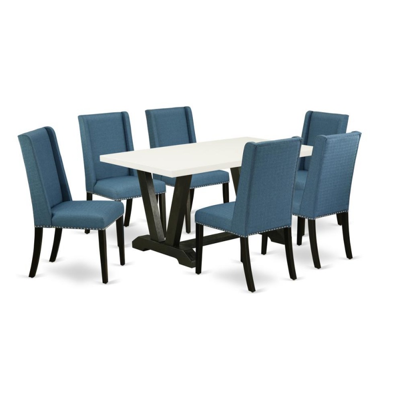 East West Furniture V626fl121-7 7-Piece Modern An Outstanding Linen White Rectangular Dining Table Top And 6 Stunning Linen Fabric Kitchen Parson Chairs With Nail Heads And Stylish Chair Back, Wire Br