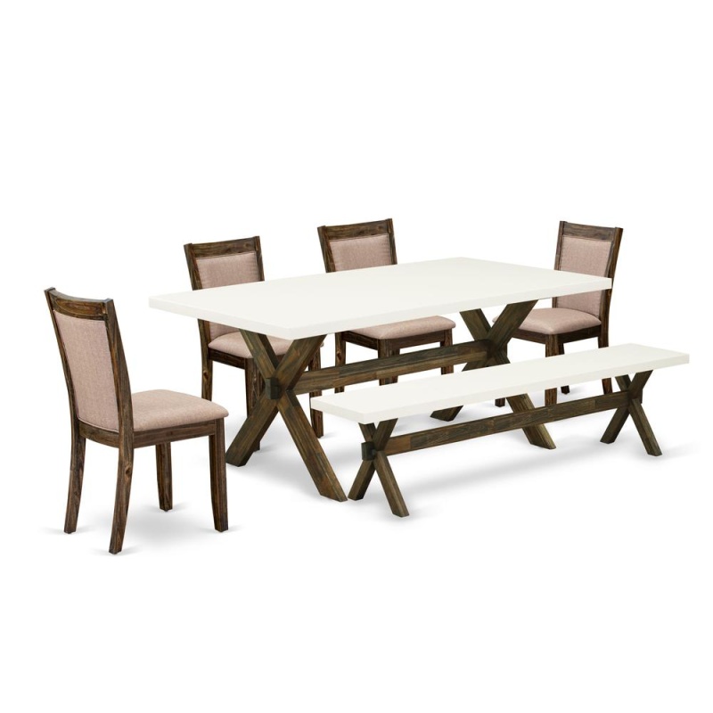 X727mz716-6 6 Pc Dining Table Set- A Modern Table In Trestle Base With Wood Bench And 4 Parson Chairs - Distressed Jacobean Finish