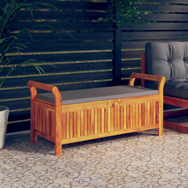 Garden Storage Bench Wood With Dark Grey Cushion