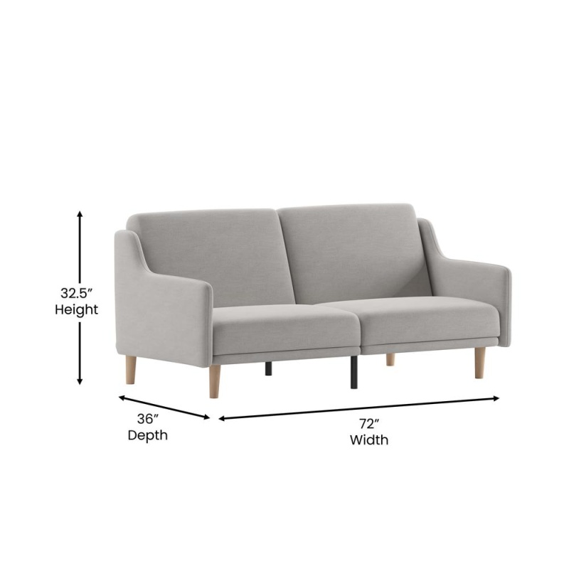 Delphine Premium Convertible Split Back Sofa Futon With Curved Armrests And Solid Wood Legs - Gray Faux Linen Upholstery