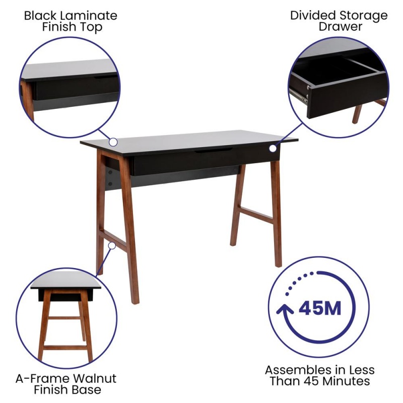 Home Office Writing Computer Desk With Drawer - Table Desk For Writing And Work, Black/Walnut