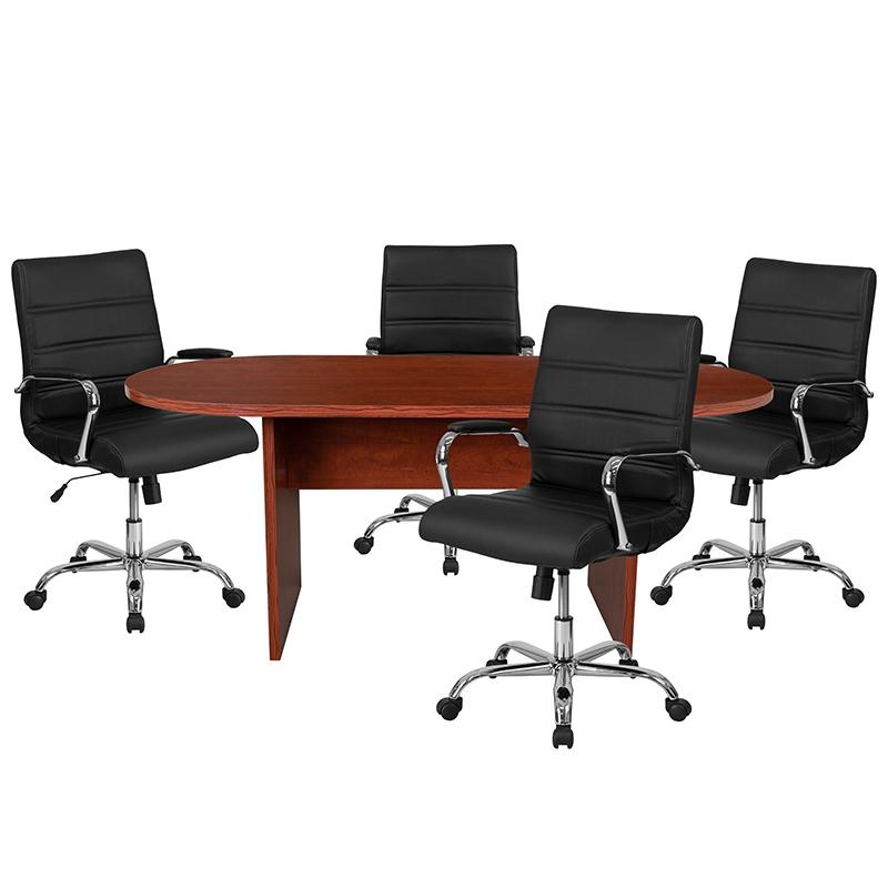 5 Piece Cherry Oval Conference Table Set With 4 Black And Chrome Leathersoft Executive Chairs