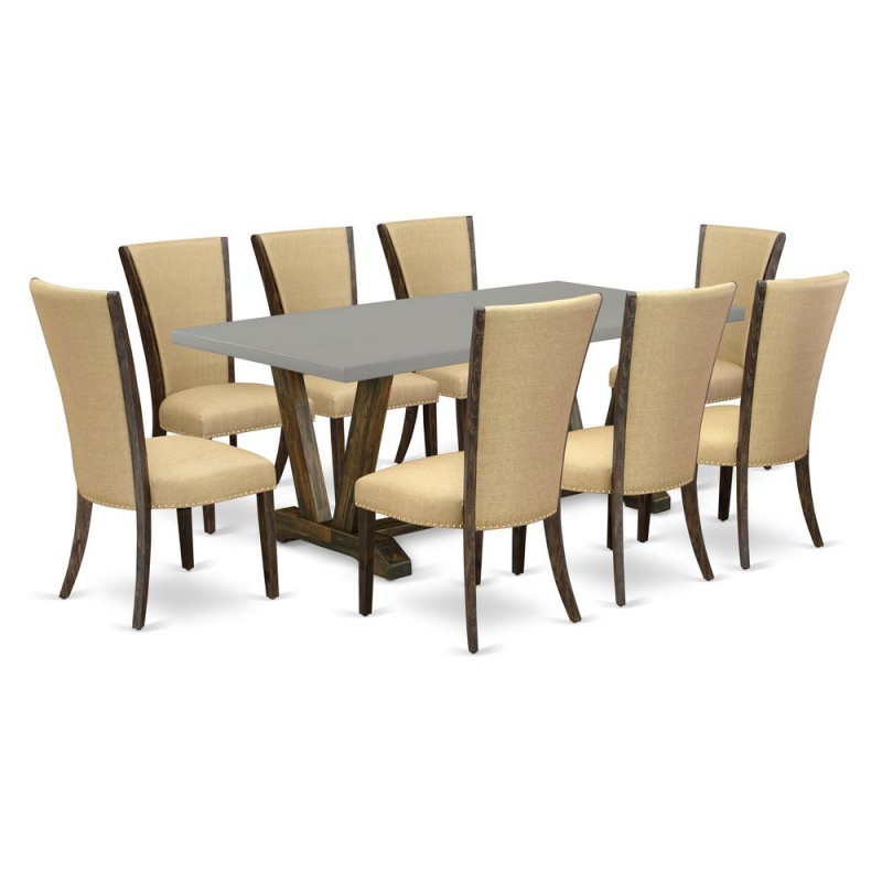 East West Furniture V797ve703-9 9Pc Dinette Set Includes A Rectangular Table And 8 Parsons Chairs With Brown Color Linen Fabric, Medium Size Table With Full Back Chairs, Distressed Jacobean And Cement