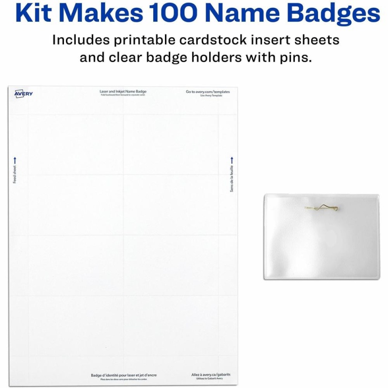Avery® Pin-Style Name Badges - 3 1/2" X 2 1/4" - 100 / Box - White, Clear
