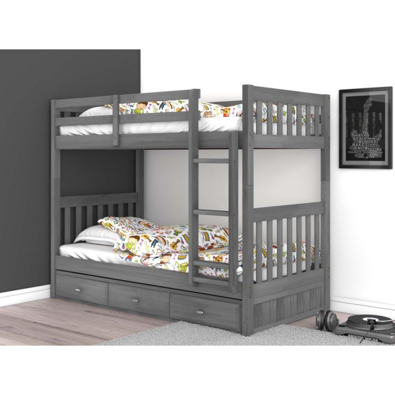 Os Home And Office Furniture Model Solid Pine Twin/Twin Bunk Bed With Three Drawers In Charcoal Gray