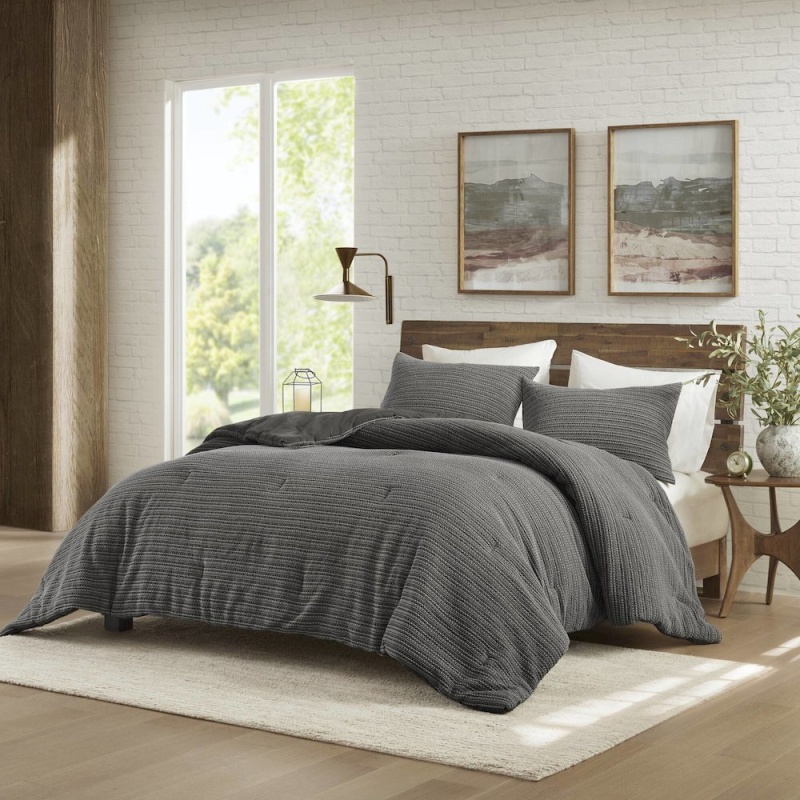 Lyon Waffle Washed Comforter Set, Charcoal Color