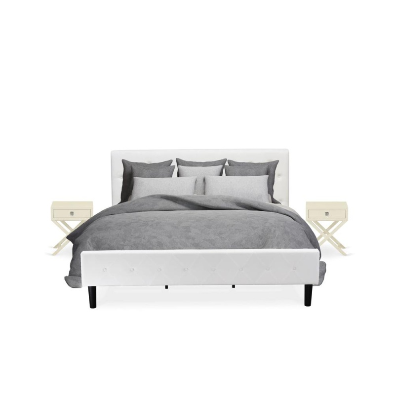 Nl19k-2Ha05 3 Pc Bed Set - 1 King Size Bed White Velvet Fabric Headboard And 2 Wooden Night Stand - Linen White Finish Nightstand