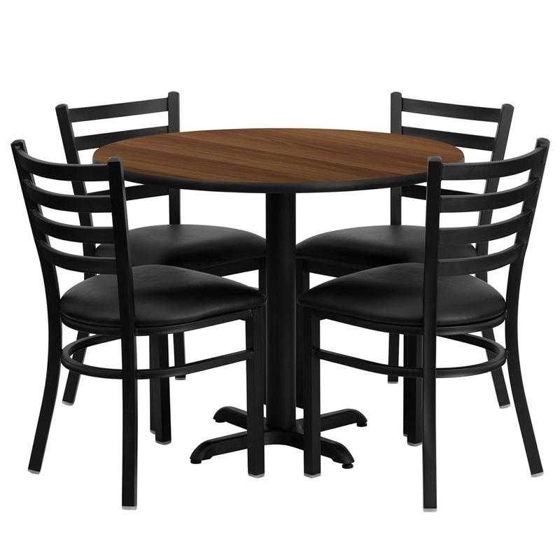 36'' Walnut Table Set With X-Base And 4 Metal Chairs - Black Vinyl Seat