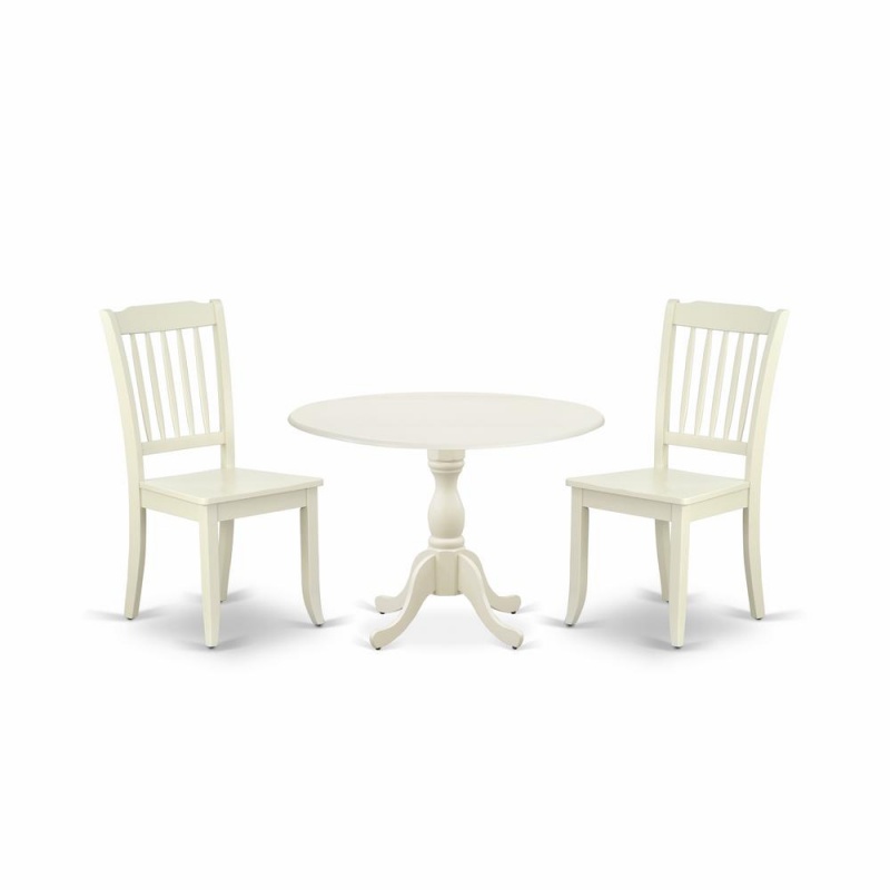 East West Furniture Dmda3-Lwh-W 3 Piece Dining Table Set Consists Of 1 Drop Leaves Wooden Dining Table And 2 Linen White Mid Century Modern Dining Chairs With Slatted Back - Linen White Finish