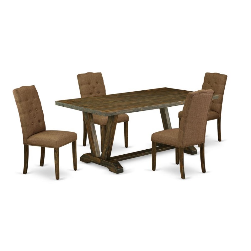 East West Furniture 5-Pc Rectangular Dinette Set Included 4 Dining Chairs Upholstered Seat And High Button Tufted Chair Back And Rectangular Dining Table With Distressed Jacobean Dining Table Top - Di
