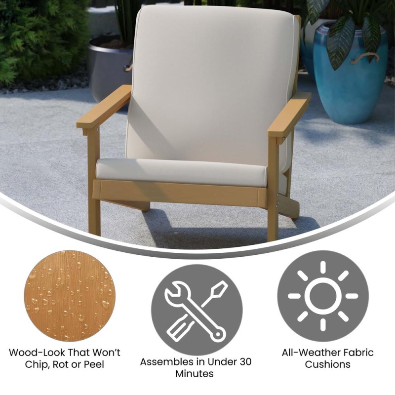 Charlestown All-Weather Poly Resin Wood Adirondack Style Deep Seat Patio Club Chair With Cushions, Natural Cedar/Cream