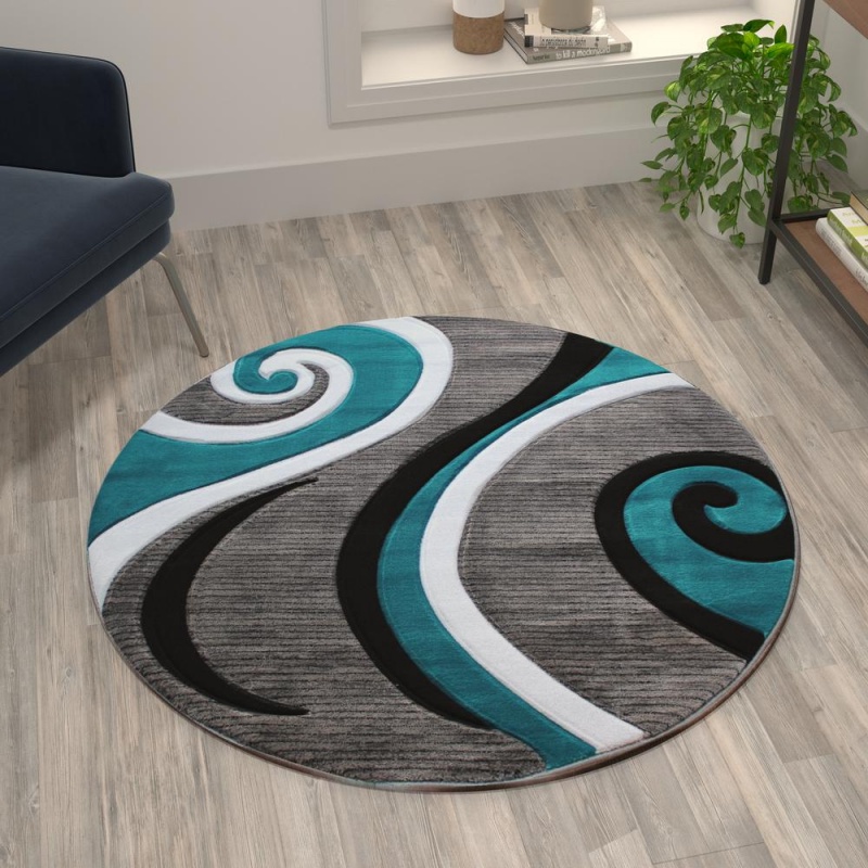 Athos Collection 4' X 4' Turquoise Abstract Area Rug - Olefin Rug With Jute Backing - Hallway, Entryway, Or Bedroom