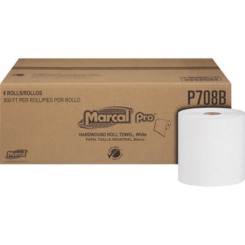Marcal Hardwound Roll Towel - 1 Ply - 7.87" X 800 Ft - White - Paper - Chlorine-Free, Lint-Free, Bleach-Free, Hypoallergenic - 6 / Carton