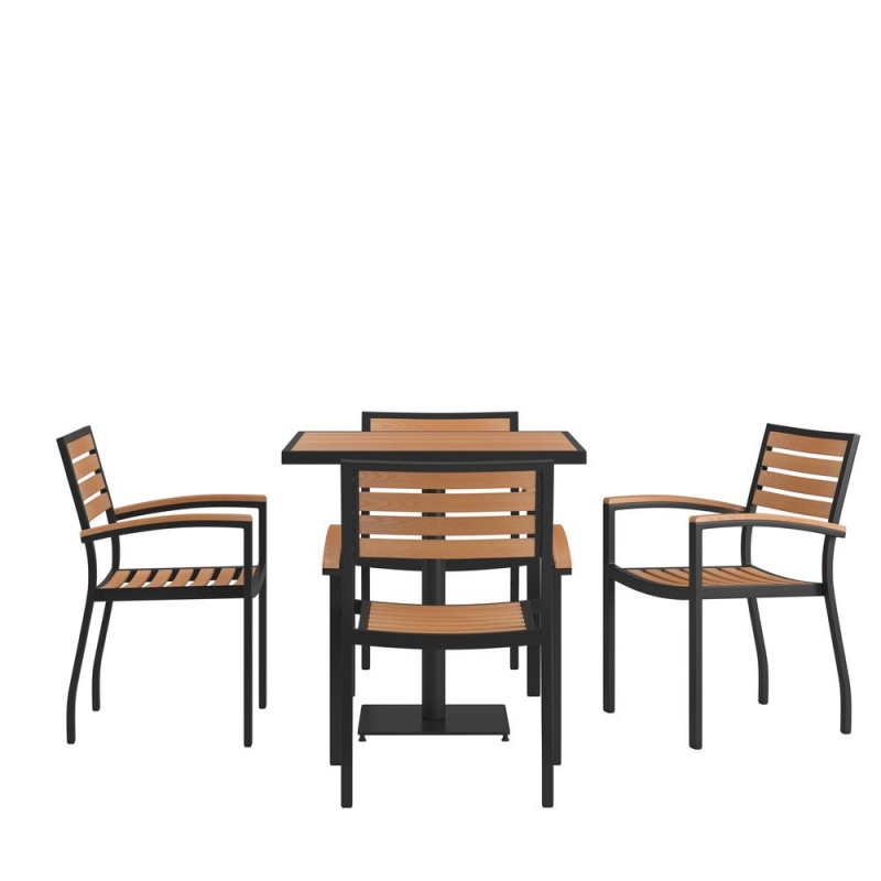 Indoor/Outdoor 5 Piece Patio Dining Table Set With 30" Square Faux Teak Table & 4 Stacking Club Chairs With Teak Accented Arms