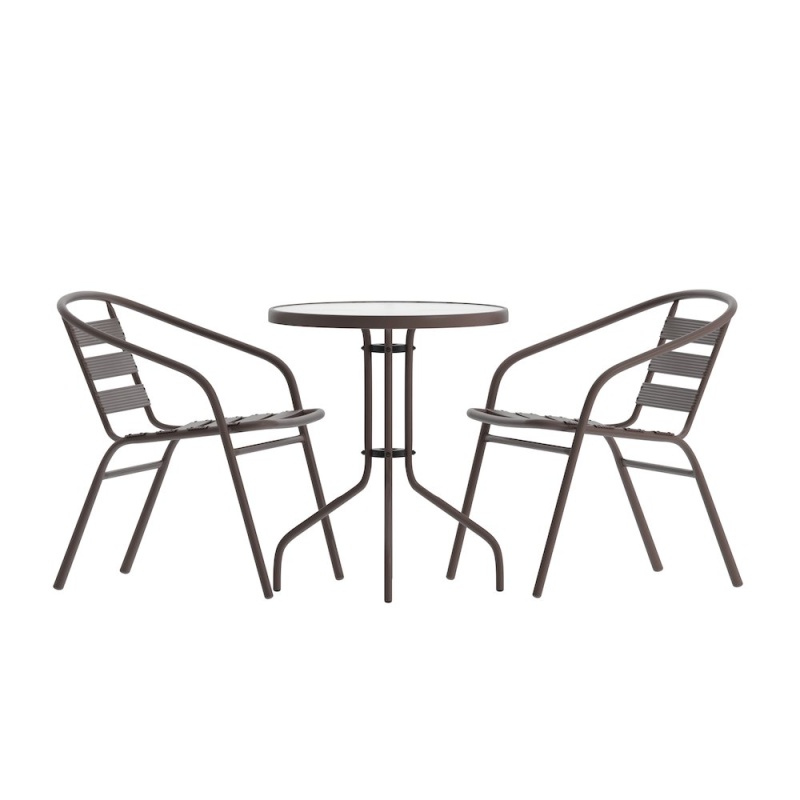 23.75'' Round Glass Top Metal Table with 2 Bronze Aluminum Slat Stack Chairs