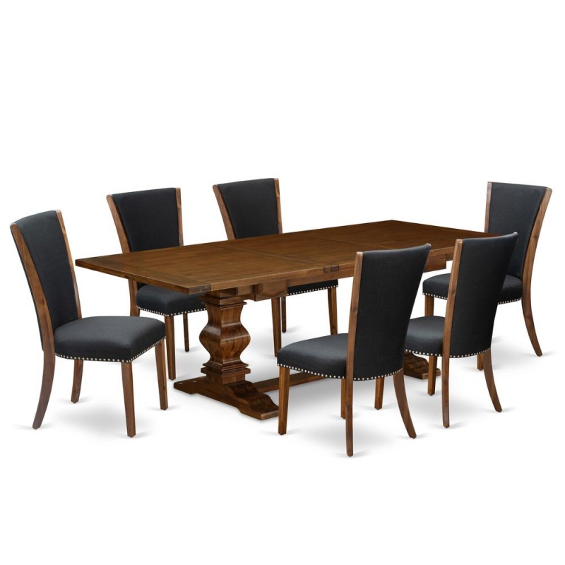 East West Furniture Lave7-88-24 7Pc Dining Table Set Offers A Rectangular Table And 6 Parsons Dining Chairs With Black Color Linen Fabric, Antique Walnut Finish