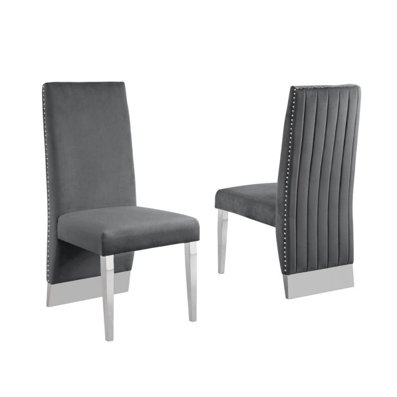 Acrylic Glass 5Pc Set Pleated Chairs In Dark Grey Velvet