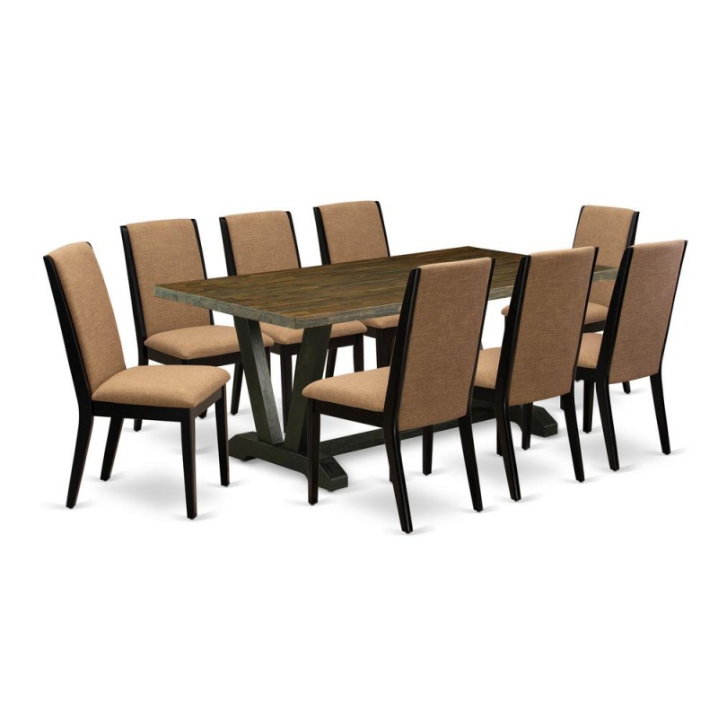 East West Furniture V677la147-9 9-Piece Awesome Dinette Set A Superb Cement Color Kitchen Rectangular Table Top And 8 Amazing Linen Fabric Dining Chairs With Stylish Chair Back, Wire Brushed Black Fin