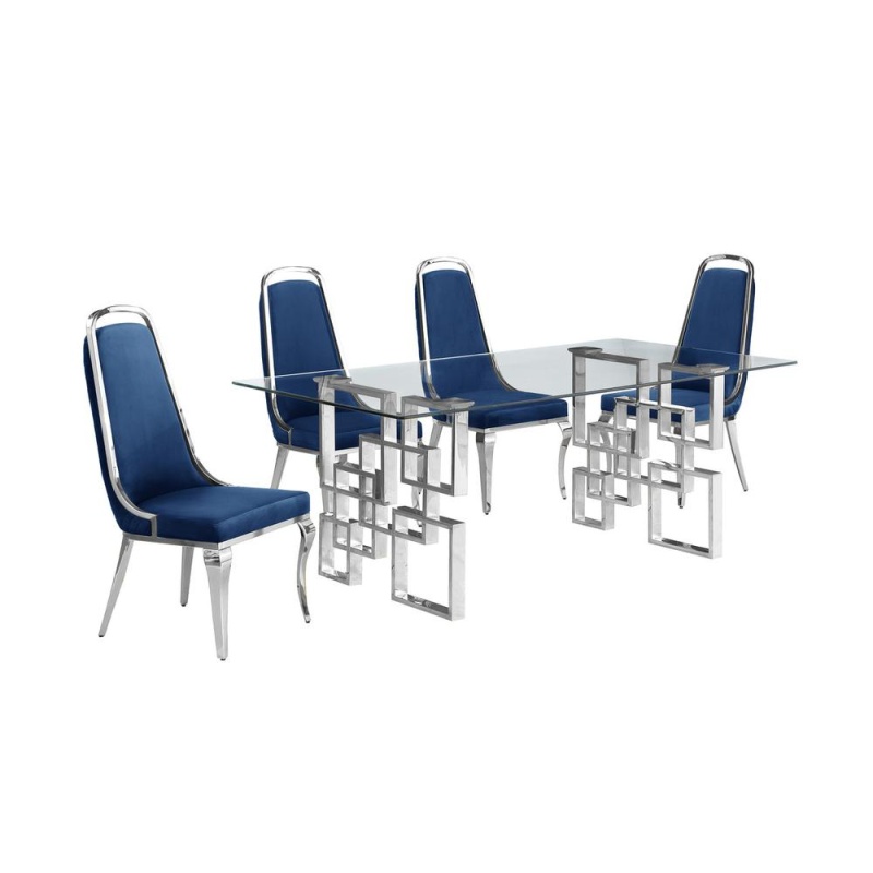 5-Piece Glam Dining Set With 4 Navy Blue Chairs and Glass Table
