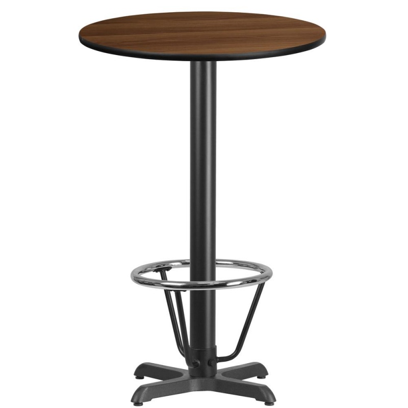 24'' Round Walnut Table Top With 22''X22'' Bar Height Table Base And Foot Ring