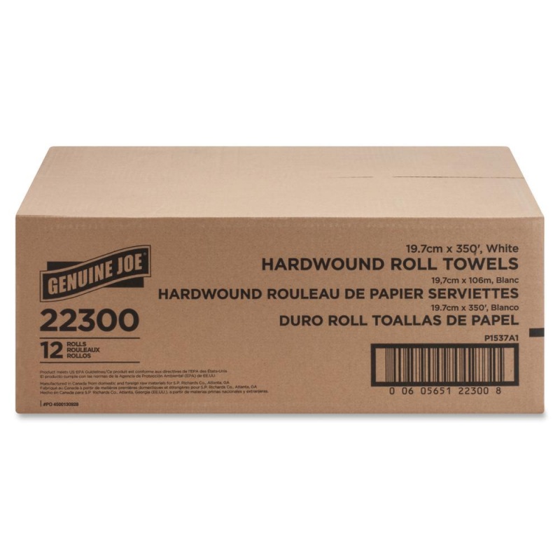Genuine Joe Hardwound Roll Paper Towels - 7.88" X 350 Ft - White - Absorbent, Embossed - For Restroom - 12 / Carton