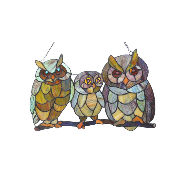 Ollie Tiffany-Glass Owls Family Window Panel 11X17