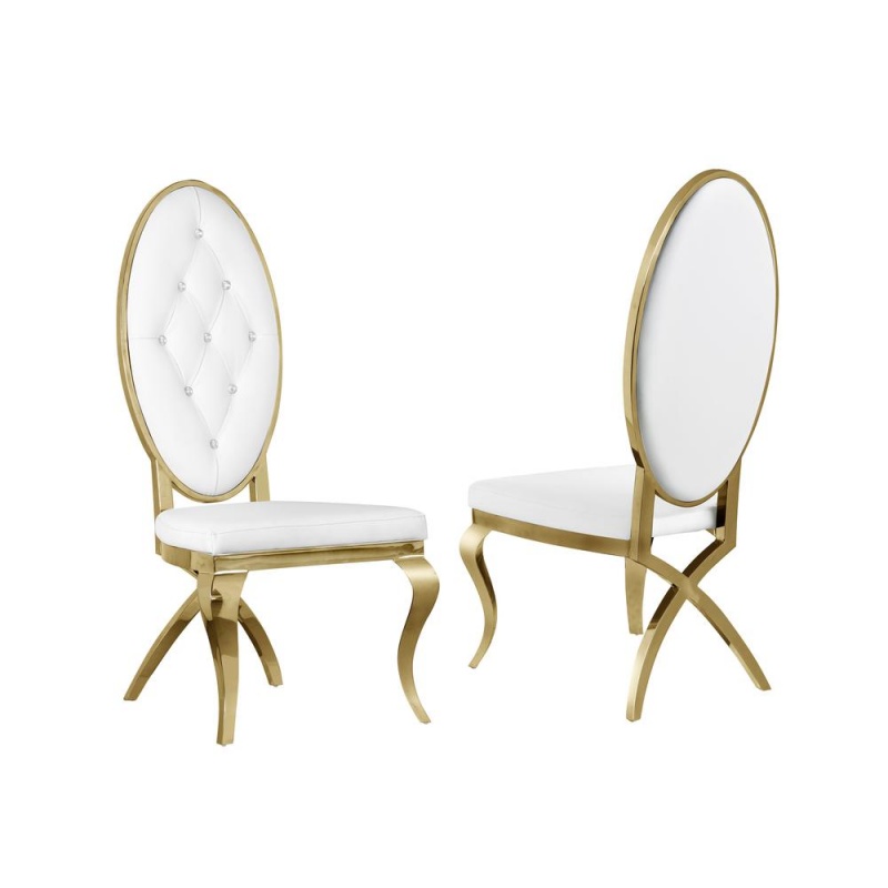 Faux Leather Side Chair Set Of 2 , Stainless Steel Gold Legs, White