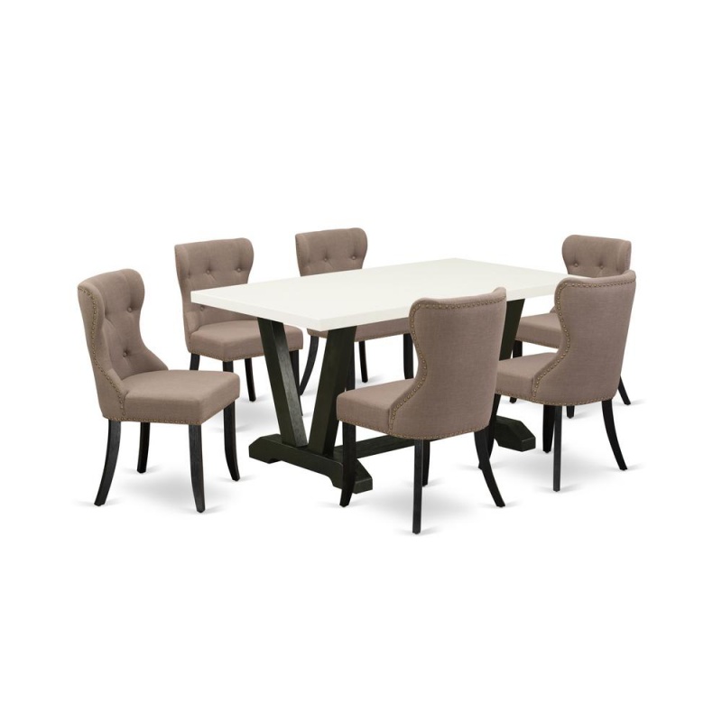 East West Furniture 7-Pc Mid Century Dining Table Set-Coffee Linen Fabric Seat And Button Tufted Back Kitchen Chairs And Rectangular Top Dining Room Table With Solid Wood Legs - Linen White And Wirebr