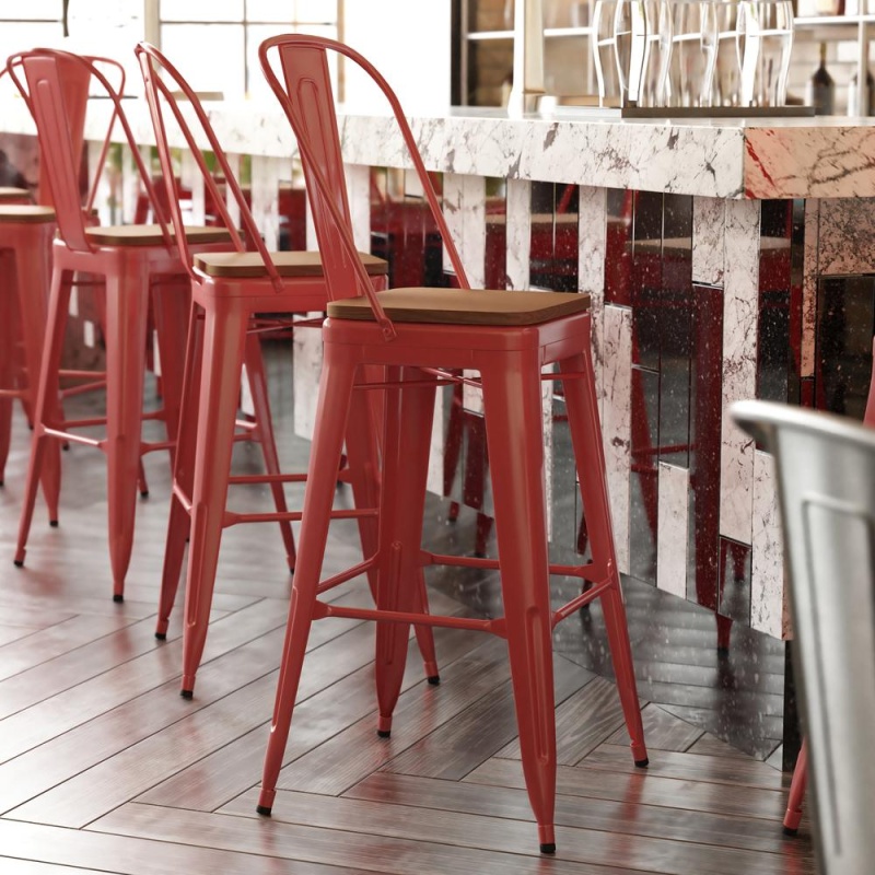 Kai Commercial Grade 30" High Red Metal Indoor-Outdoor Bar Height Stool With Removable Back And Square Teak All-Weather Poly Resin Seat