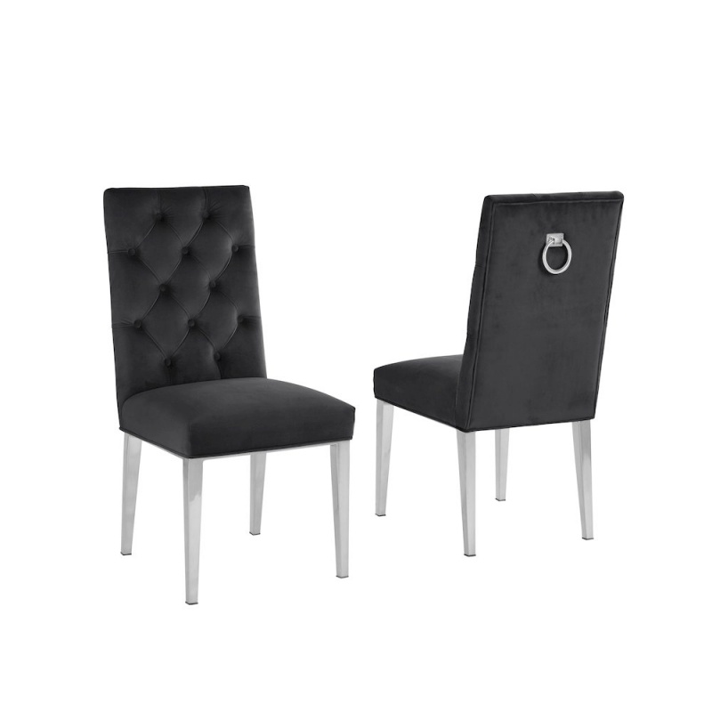 Black Velvet Tufted Dining Side Chairs, Chrome - Set Of 2