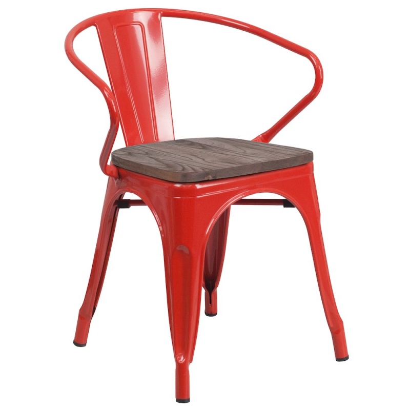 Red Metal Chair With Wood Seat And Arms