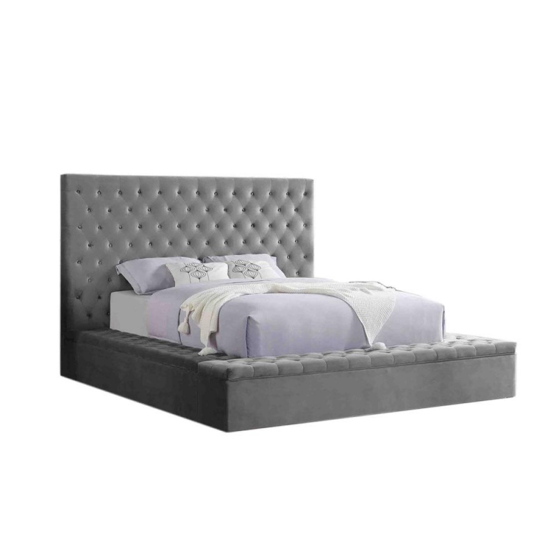 Cierra Tufted Velvet Platform Bed With Storage, King, Grey