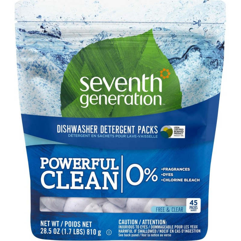 Seventh Generation Dishwasher Detergent - 27.20 Oz (1.70 Lb) - Free & Clear Scent - 45 / Packet - 8 / Carton - Clear