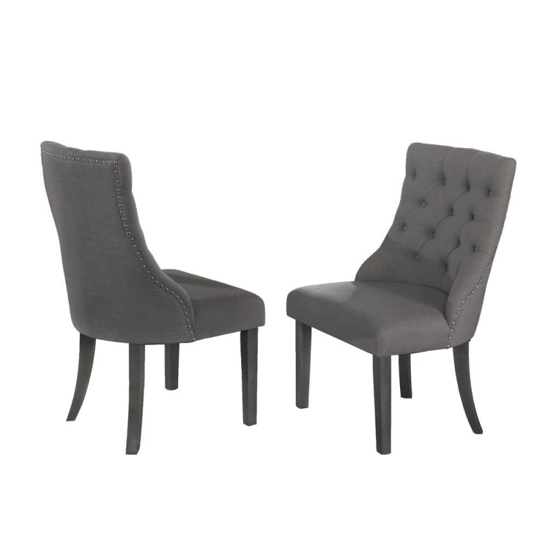 Classic Upholstered Side Chair Tufted In Linen Fabric W/Nailhead Trim **Set Of 2**, Gray