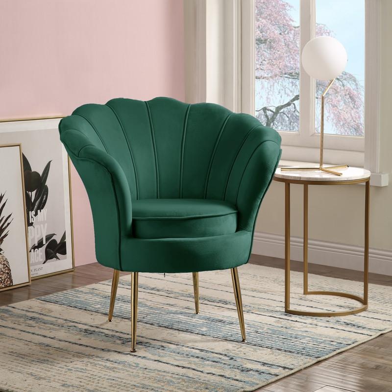 Angelina Green Velvet Scalloped Back Barrel Accent Chair With Metal Legs