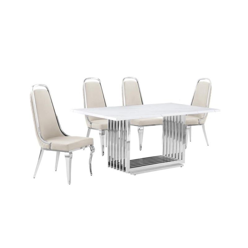 5Pc Small(68") Marble Top Dining Set With Silver Base And 4 Cream Side Chairs