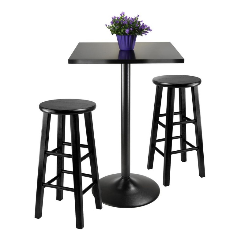 3Pc Counter Height Dining Set, Black Square Table Top And Black Metal